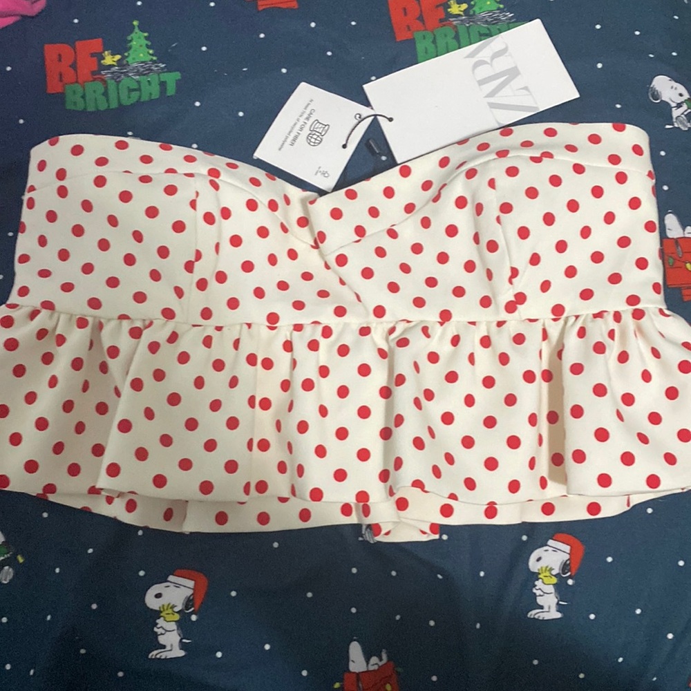ZARA Red/cream Polka Dot strapless pemplum bustier top